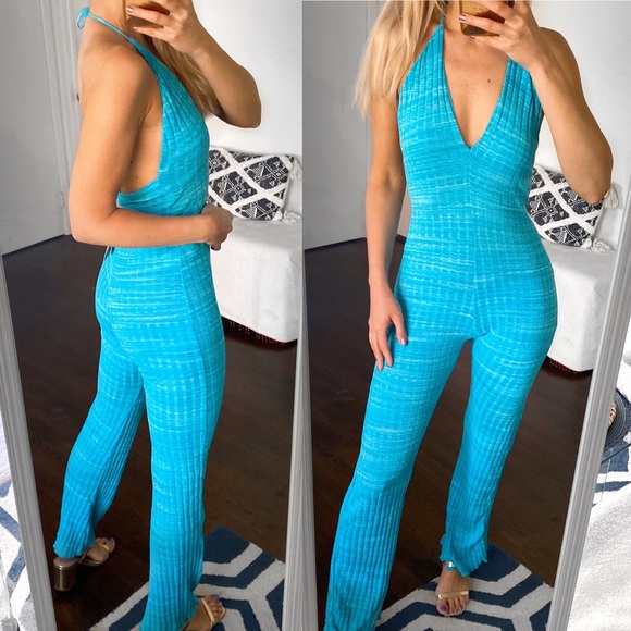 🦋 ZARA TURQUOISE BLUE RIBBED COTTON BLEND JUMPSUIT! - Picture 2 of 16